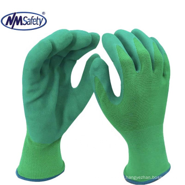 NMSAFETY 13 gauge green polyester liner gloves coated green foam latex gloves garden gloves